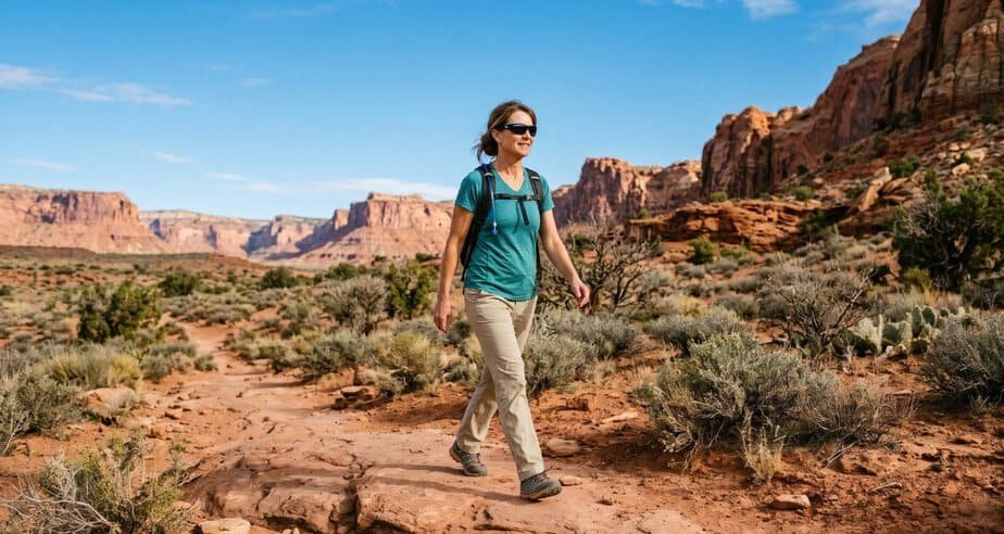 A confident, fit middle-aged woman hiking upright along a sunny red rock trail in Southern Utah’s desert landscape, representing the active lifestyle and physical mobility that chiropractic care for back pain helps restore