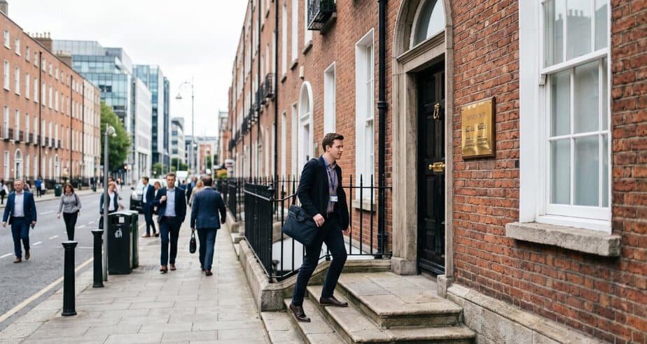 Young professional walking into a dental practice in a Georgian building on a Dublin city street