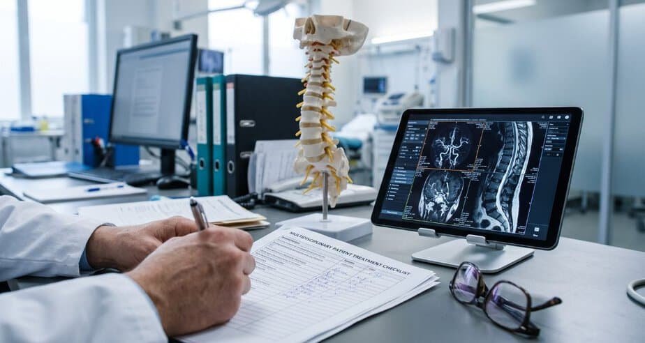 Anatomical models of a human spine and skull base next to diagnostic imaging on a tablet in a neurosurgeon's office.