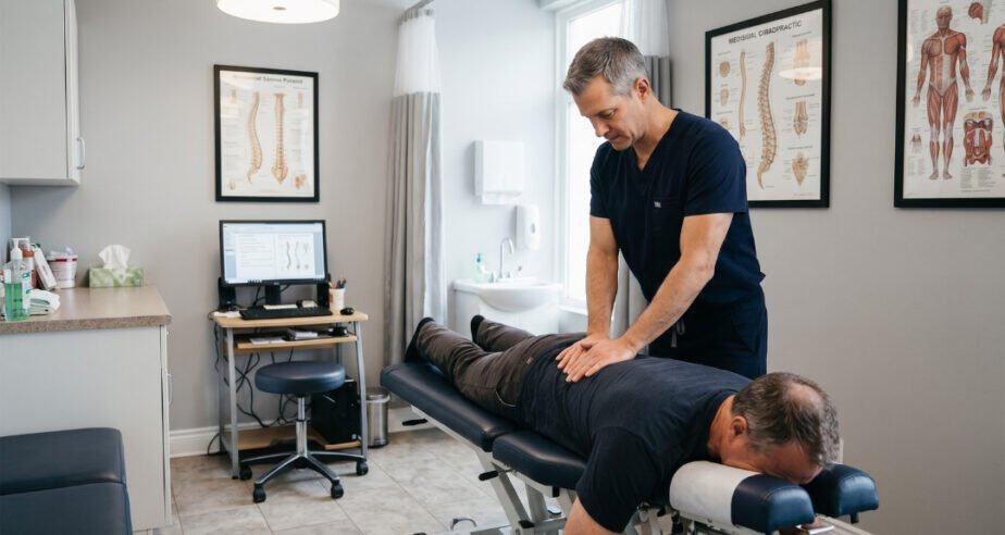 A professional chiropractor in dark scrubs using both hands to carefully examine the lower back and spine of a middle-aged male patient lying on a padded examination table in a clean, well-lit chiropractic clinic