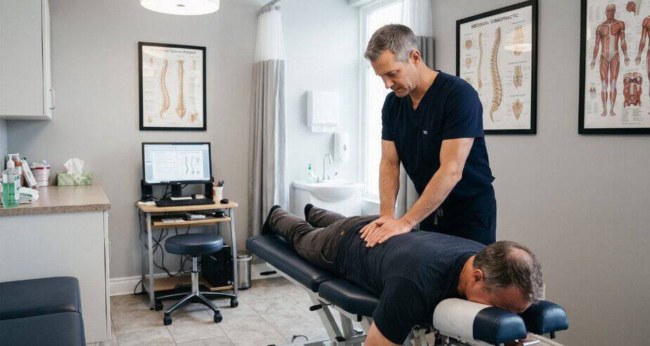 A professional chiropractor in dark scrubs using both hands to carefully examine the lower back and spine of a middle-aged male patient lying on a padded examination table in a clean, well-lit chiropractic clinic