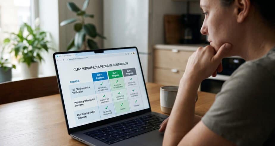 A person looking at a laptop comparing online GLP-1 weight-loss programs and screening for FDA warning letters.