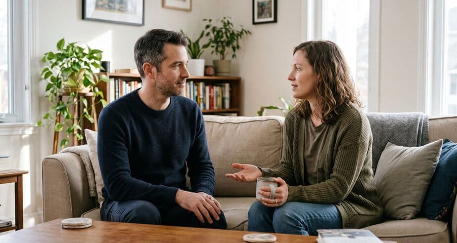 Couple sitting together on a sofa having a calm conversation about erection difficulties at home
