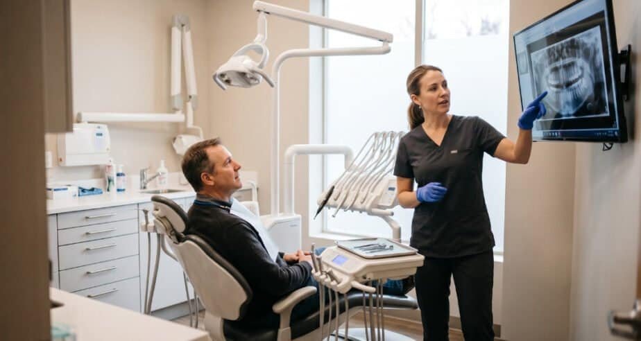 A dentist in a modern dental treatment room explaining digital X-ray images on a wall monitor to an attentive patient, representing comprehensive oral health care