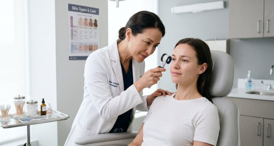 A professional female dermatologist in a white coat using a handheld dermatoscope to examine the cheek of a calm female patient in a bright, modern dermatology clinic, representing expert skin evaluation and personalized care guidance