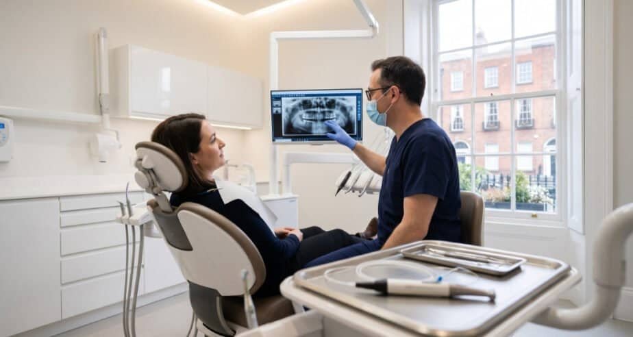 Dentist showing a patient a digital x-ray on a screen in a modern Dublin dental clinic