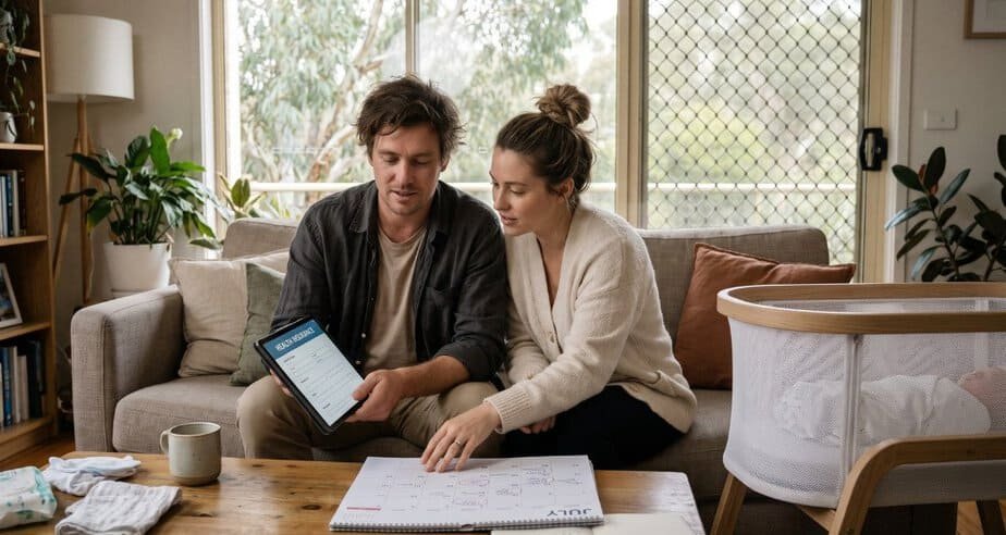 Australian couple with newborn reviewing health insurance options and a July calendar ahead of the Lifetime Health Cover base day