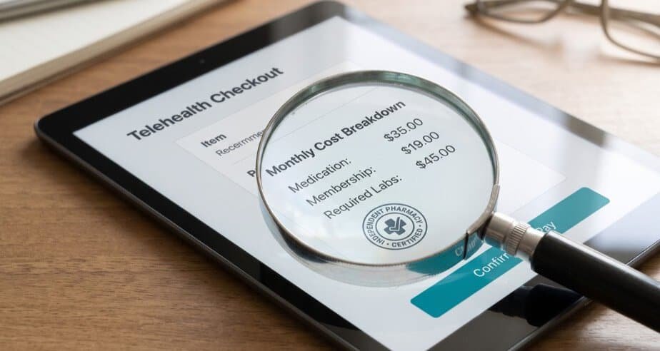 A tablet showing a GLP-1 program checkout screen with medication costs, membership fees, and certification signals. 
