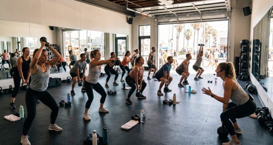 Fitness instructor guiding a diverse group of participants through a strength circuit class in a bright Santa Monica studio.
