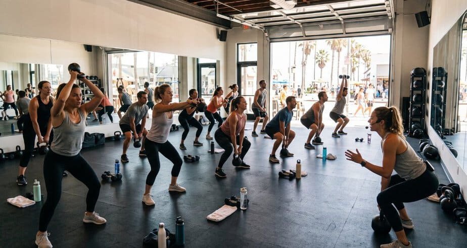 Fitness instructor guiding a diverse group of participants through a strength circuit class in a bright Santa Monica studio.