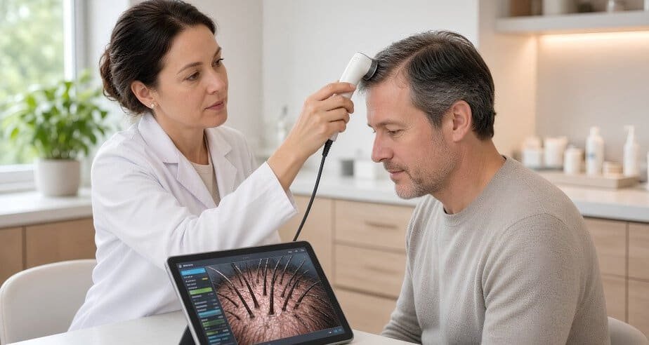 Trichologist using a handheld scalp scanner to assess early hair thinning during a clinic consultation