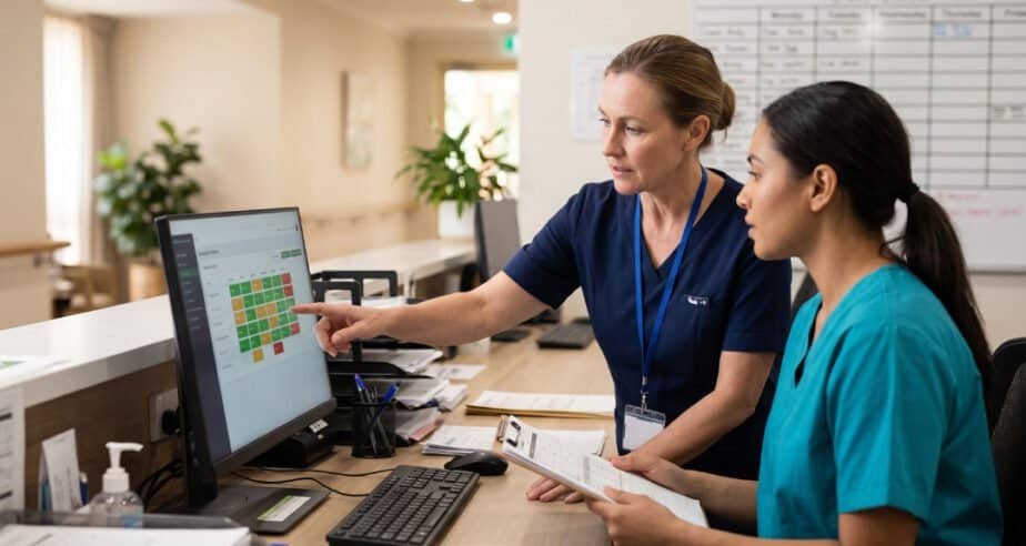 Nurse manager and care worker reviewing a digital skills matrix dashboard at an aged care nurses’ station to decide task allocation