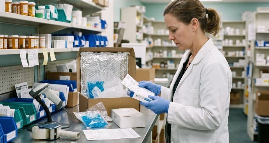 Pharmacist verifying a prescription label next to a shipping box prepared for home delivery of GLP-1 medication