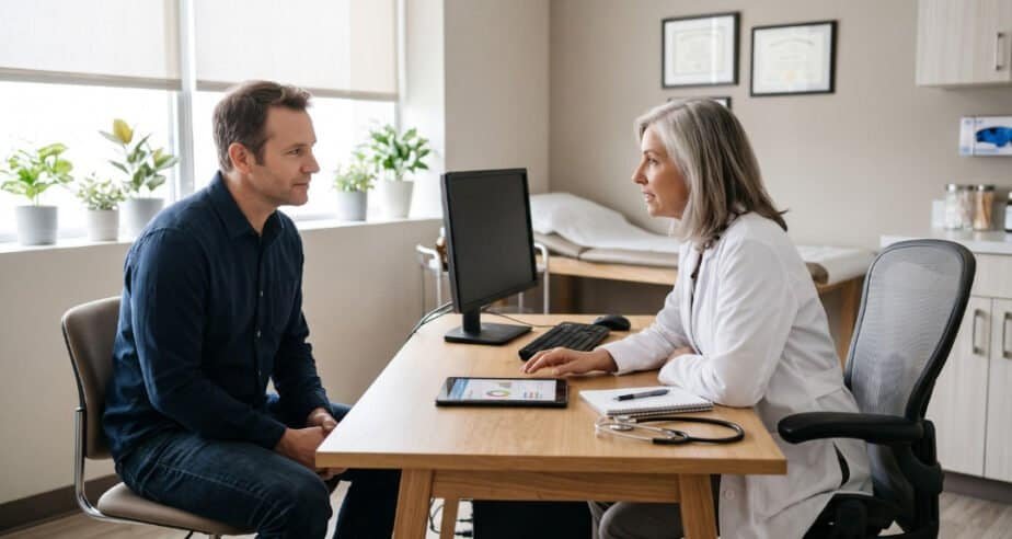 Middle-aged man in a consultation with a female doctor about erection problems in a modern GP surgery