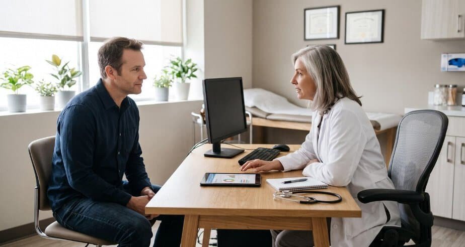 Middle-aged man in a consultation with a female doctor about erection problems in a modern GP surgery