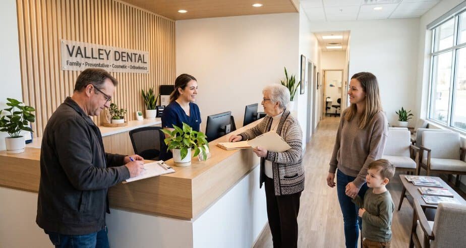 An elderly woman, a young mother with her child, and a middle-aged man being greeted by a receptionist at a modern dental practice front desk, representing family-friendly comprehensive dental care
