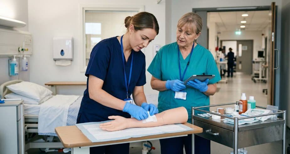 Clinical supervisor observing a nurse perform a wound dressing technique during a practical competency assessment on a hospital ward