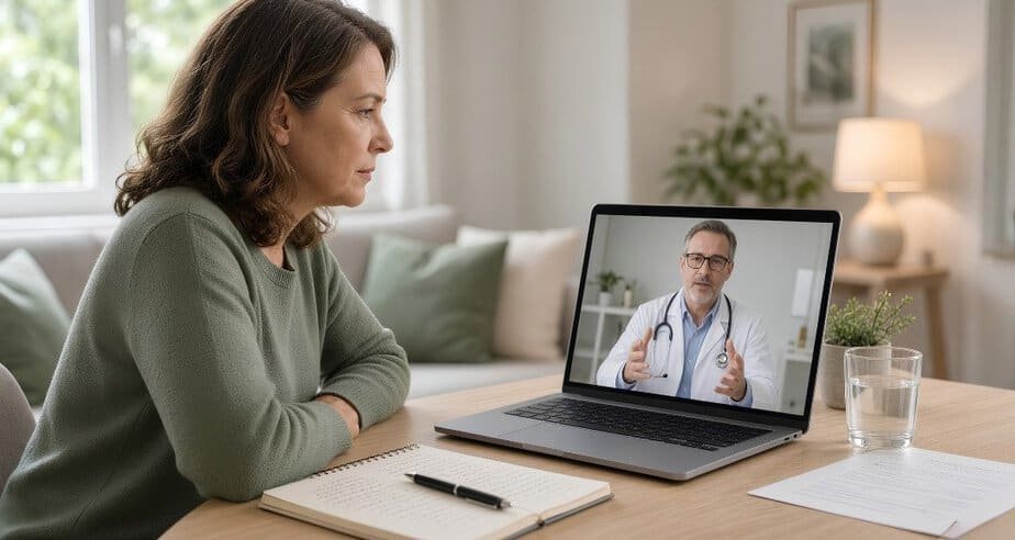 Woman speaking with a physician by video call during an online GLP-1 weight loss consultation