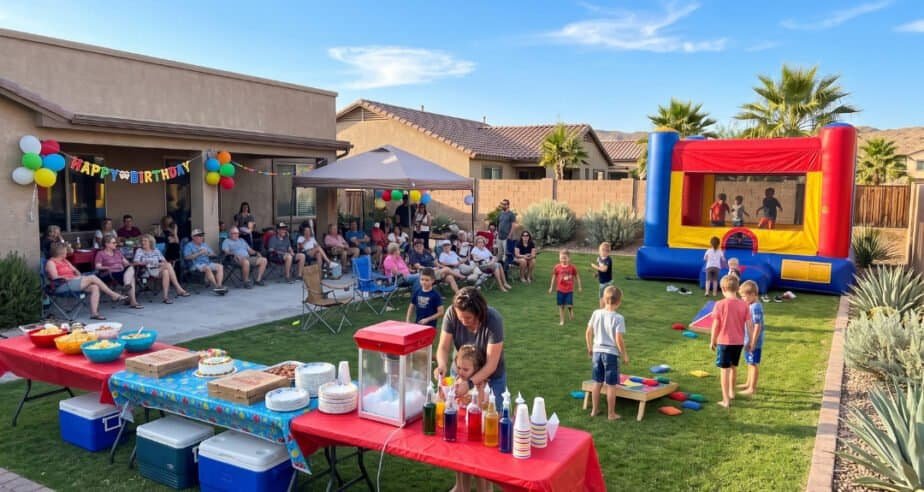 Children playing on a colorful inflatable bounce house at a cheerful outdoor family birthday party in a sunny Southwest backyard, with shaded seating, food tables, a snow cone machine, and yard games for guests