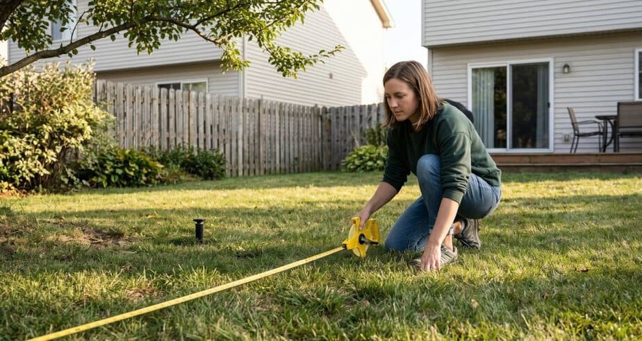 A woman crouching on a sunny suburban lawn and stretching a yellow measuring tape across the grass, with a fence, low tree branch, and sprinkler head visible — representing careful space planning before booking outdoor party rentals