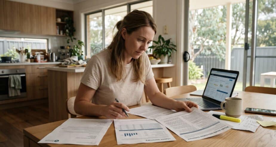 Woman at a kitchen table comparing an Australian private health insurance premium-increase notice with previous claims and policy documents