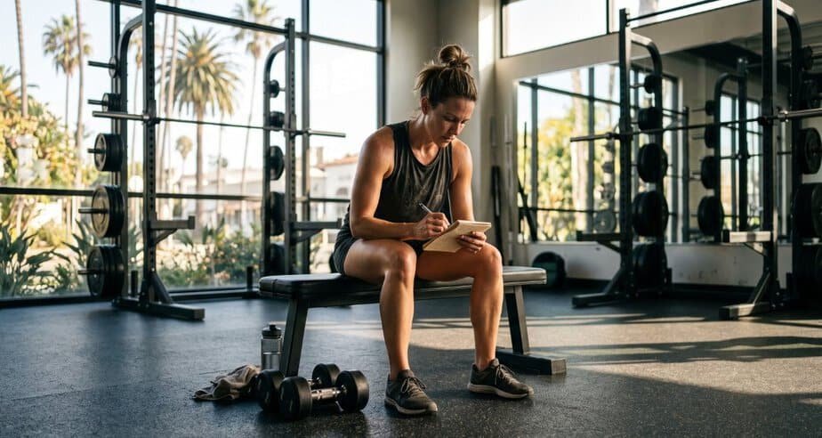 Athlete sitting on a gym bench writing workout reps in a notebook next to dumbbells during a solo training session in Santa Monica.