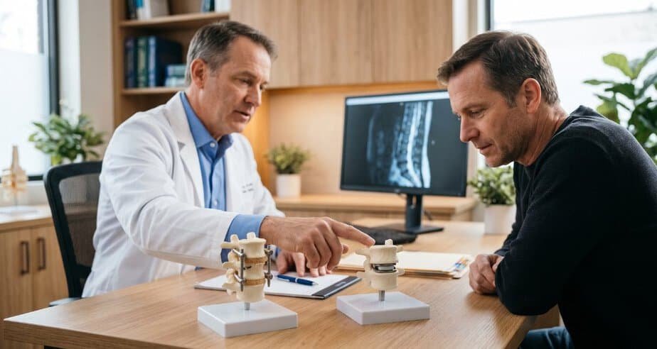 Spine surgeon showing a patient spinal fusion and artificial disc replacement models during a treatment consultation