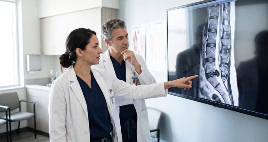 Two spine surgeons discussing a lumbar MRI scan and interpreting it differently during a consultation