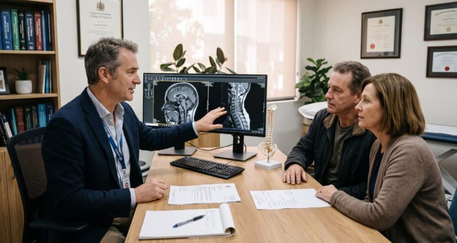 A neurosurgeon in a Sydney clinic reviewing brain and spine MRI scans on a computer monitor with a patient and their partner.