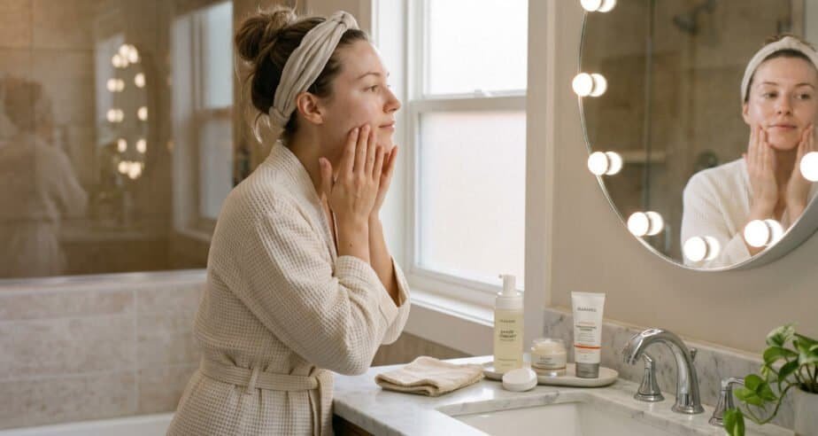 A young woman at a clean, well-lit bathroom vanity gently applying moisturizer to her face, with a gentle cleanser, moisturizer, and sunscreen neatly arranged on the counter, representing a simple and practical daily skin care routine